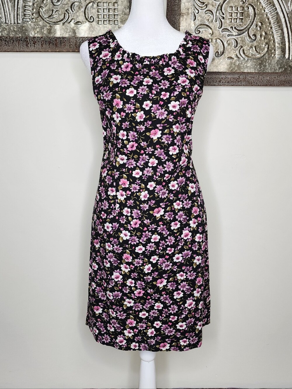 Vtg. Miss Dorby Sleeveless Black & Purple Floral Cotton Sheath Dress Sz 14 Petit